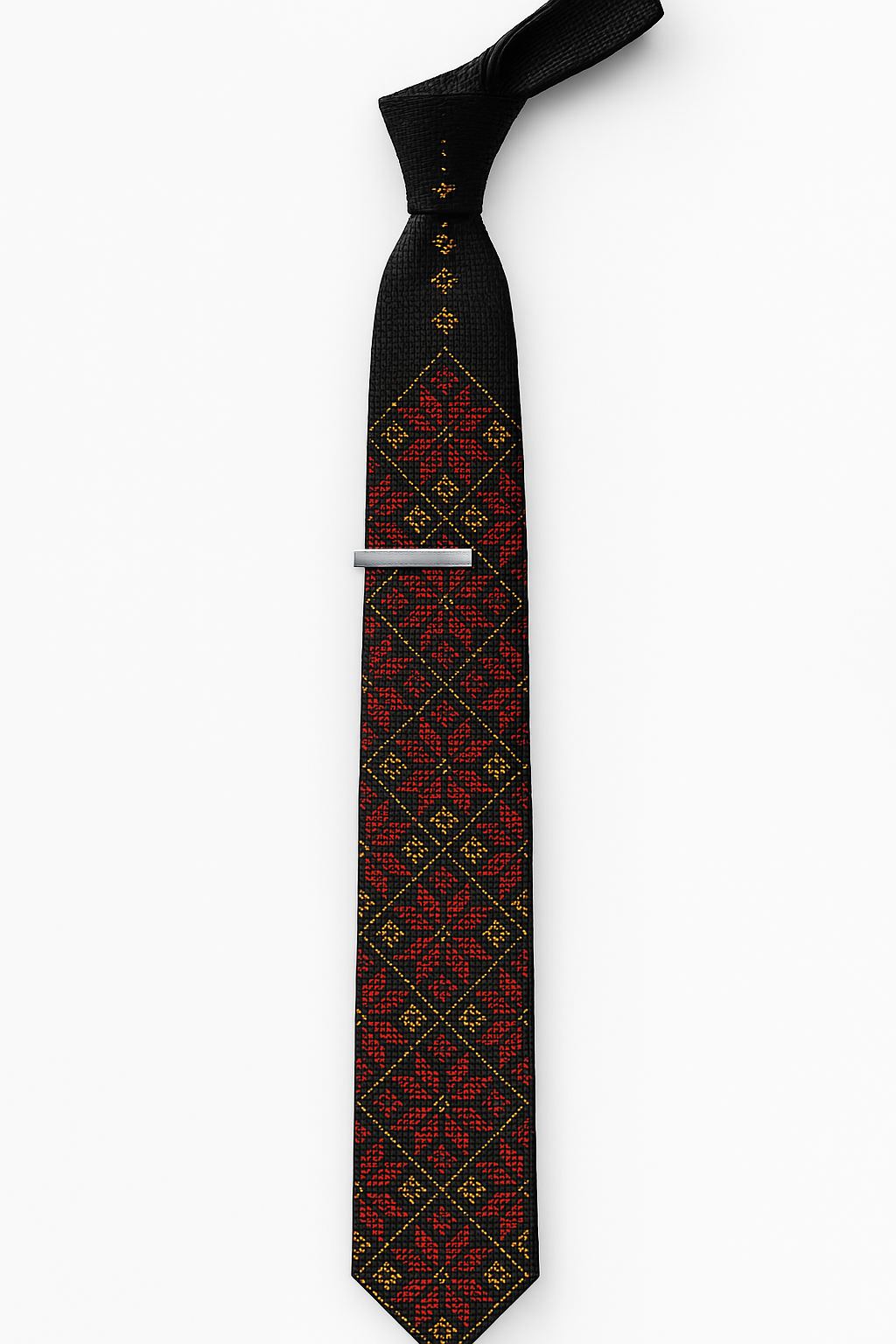 Rumman tatreez tie with pomegranate-inspired embroidery.