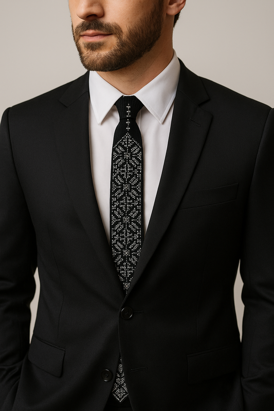 Man wearing a black suit with handmade Palestinian tatreez tie in black with embroidery