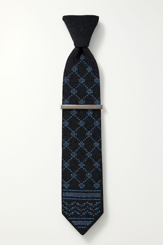 Blue Kufiyah tatreez tie, handmade by Gazan artisans