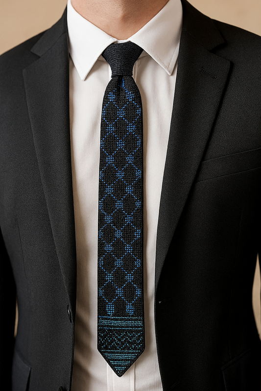 Person wearing a black suit with Blue Kufiyah tatreez tie, handmade by Gazan artisans