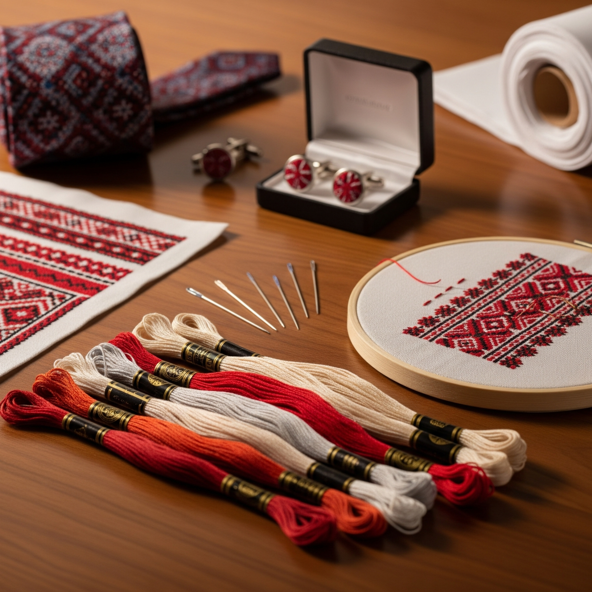 A flat-lay of custom Palestinian tatreez embroidery tools and materials including red and white thread, embroidery hoop with stitched pattern, tie, and cufflinks on a wooden surface.