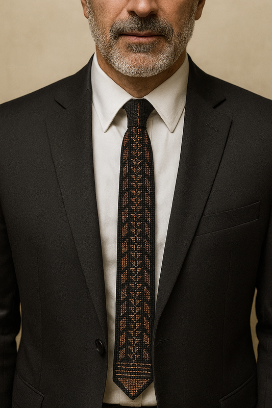 Man wearing a black suit with Brown and copper Palestinian Date Tatreez tie