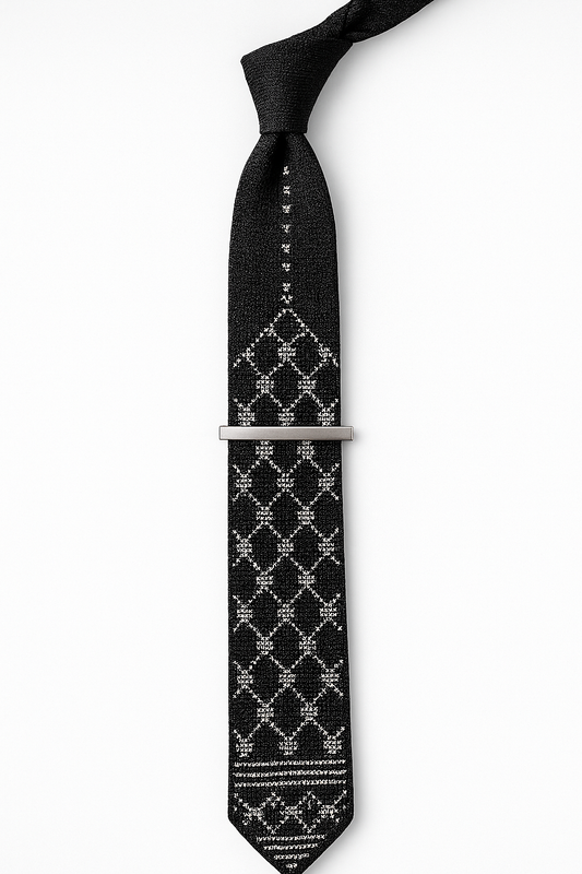 Classic black-and-white kufiyah tatreez tie, handmade