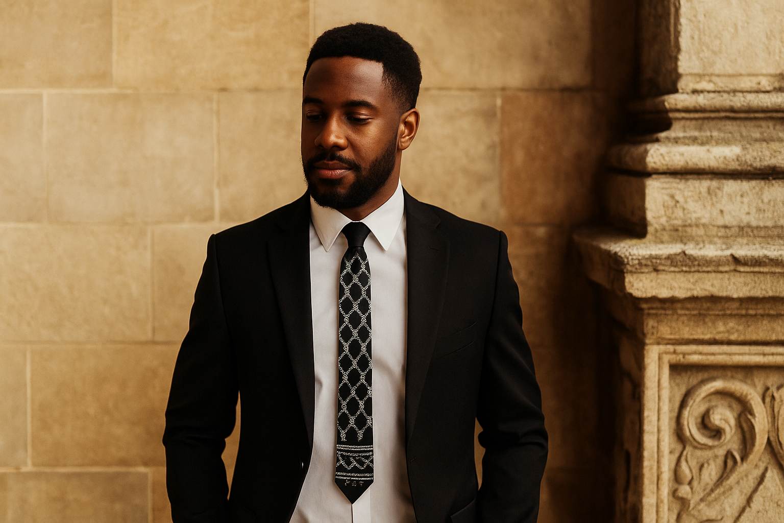 Man in a black suit with Classic black-and-white kufiyah tatreez tie, handmade.