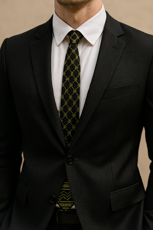 Man wearing a black suit with a Olive green kufiyah handmade Palestinian tatreez tie.