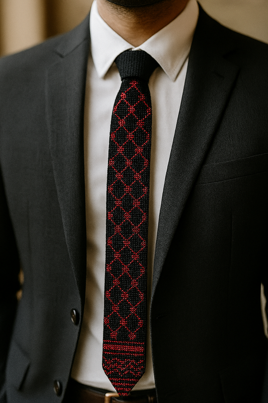 Person wearing a black suit with a Red kufiyah handmade Palestinian tie with embroidery.