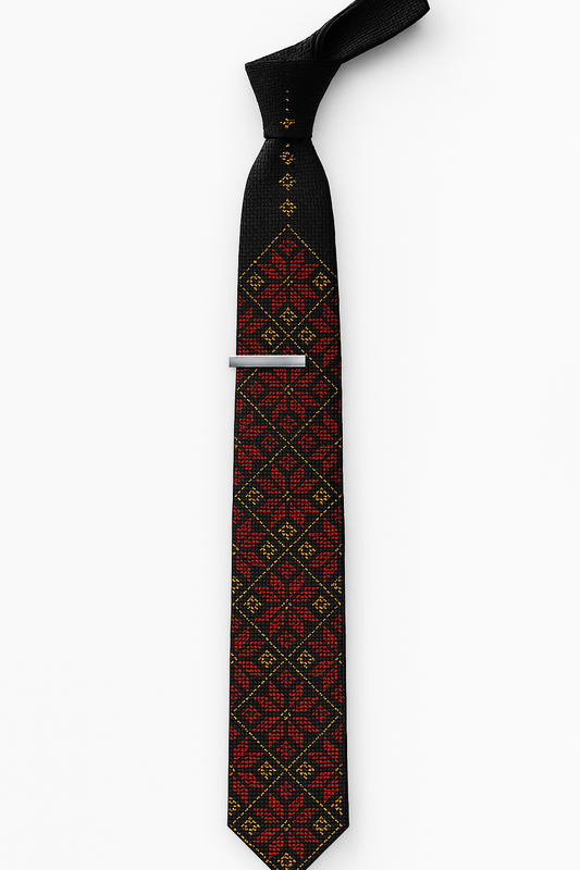 Rumman tatreez tie with pomegranate-inspired embroidery.
