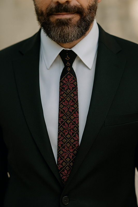 Man wearing a black suit with a Rumman tatreez tie with pomegranate-inspired embroidery.