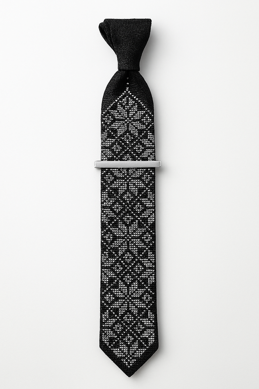 Black and white Yafa Night Palestinian tatreez tie.