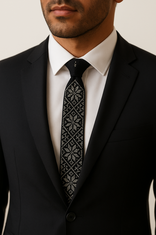Man wearing a black suit with a Black and white Yafa Night Palestinian tatreez tie.